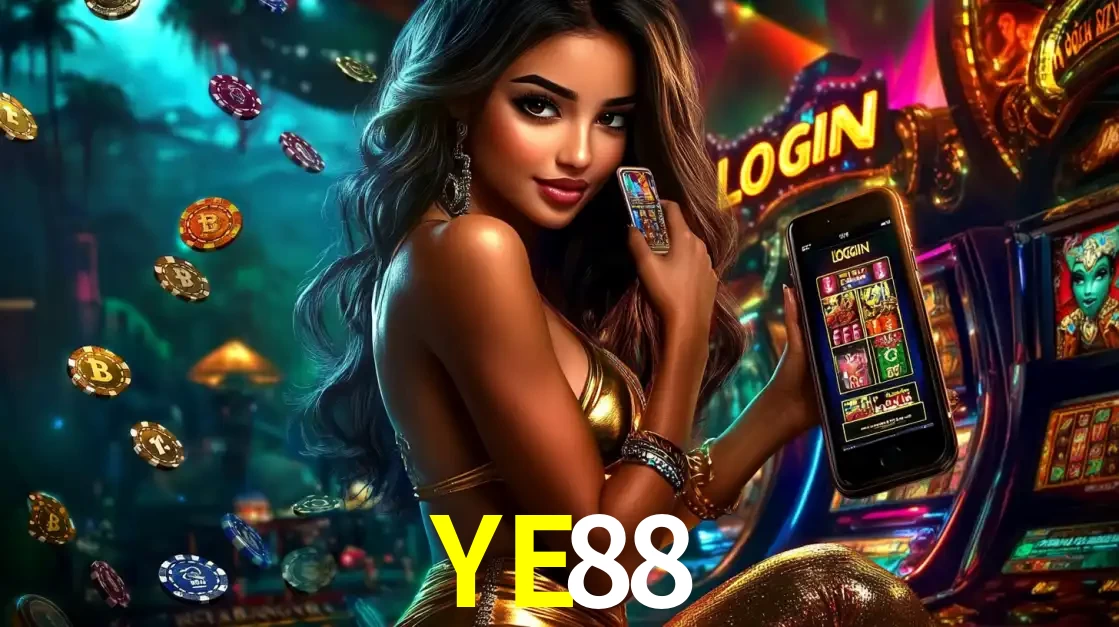 Mulher em um cenário de cassino temático de aventura, mostrando o app de caça-níqueis da YE88 no celular. Fichas de apostas flutuam ao redor.