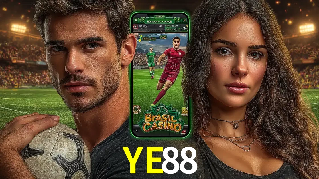 Homem segurando uma bola de futebol e uma mulher ao lado de um smartphone exibindo o jogo de apostas esportivas da YE88. Faça seu palpite no cassino online.